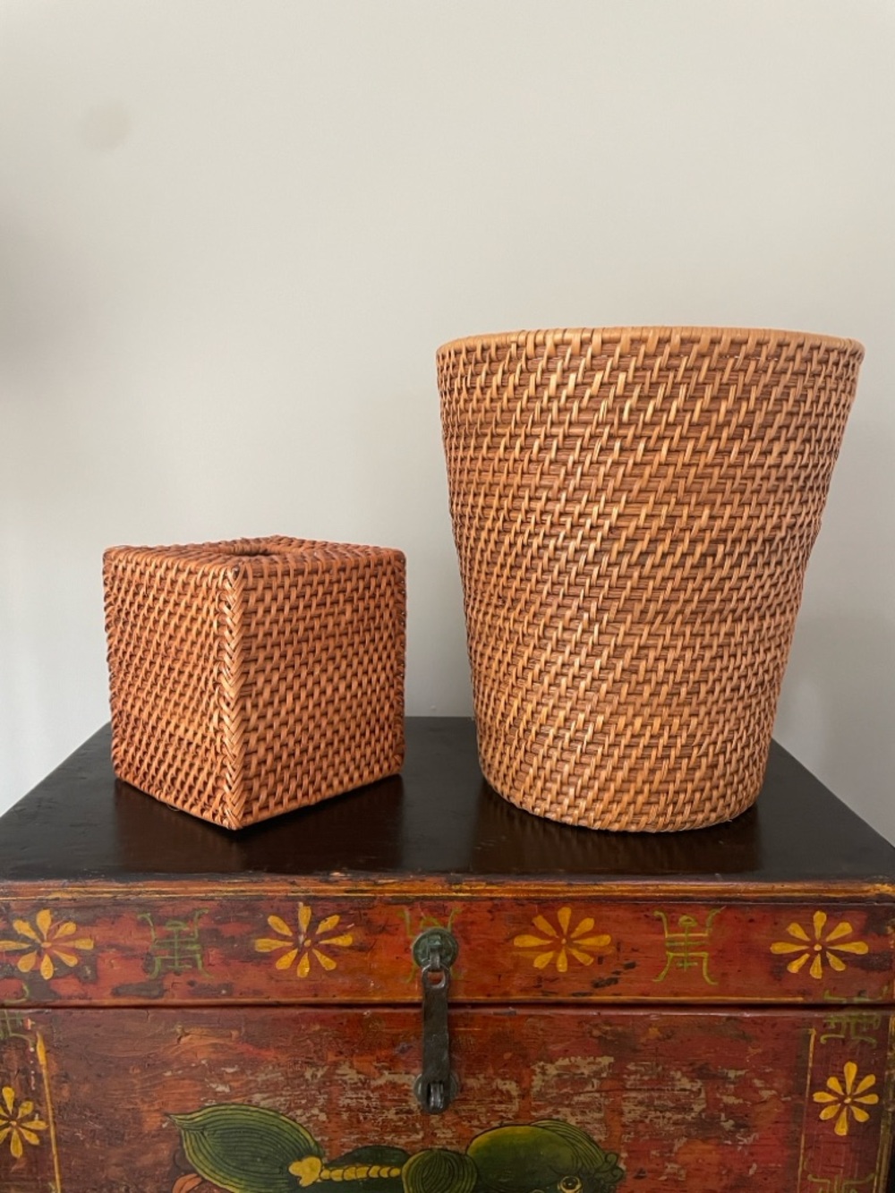 Handwoven Brown Rattan Wastebasket and Tissue Box Cover Set